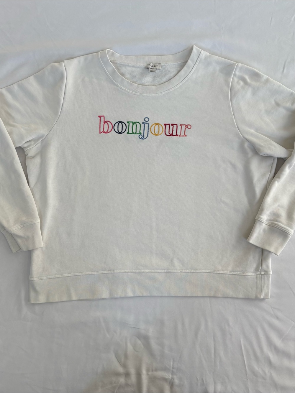 J. Crew White Crewneck Sweatshirt with Multicolor 'bonjour' Embroidery